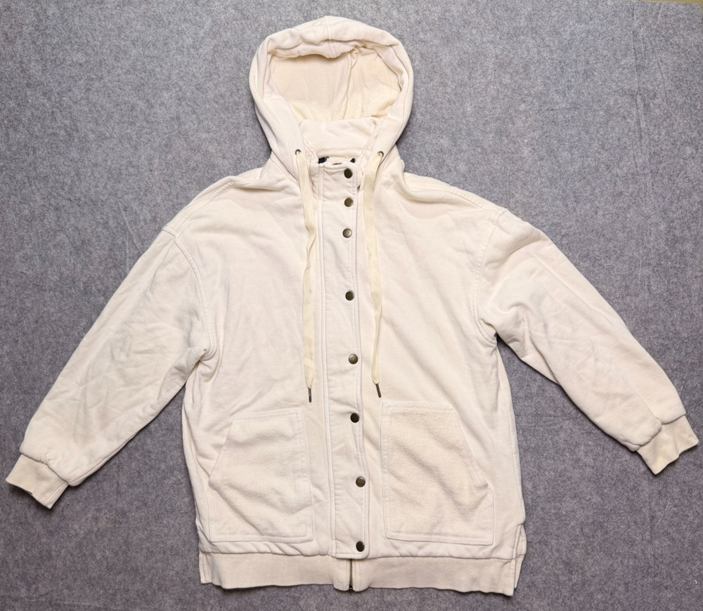 Forever 21 Womens M/L Cream Oversized Hooded Jacket Snap Zip Front Sweatshirt